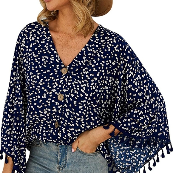 Womens V Neck Printed Fringe Long Sleeves Tops Casual Loose Blouse Large - Picture 1 of 4